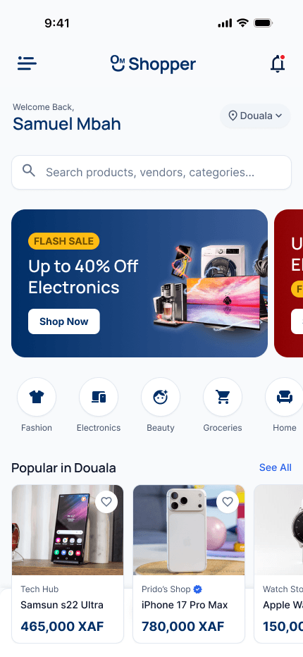 One Market Shopper home screen with product categories and popular products
