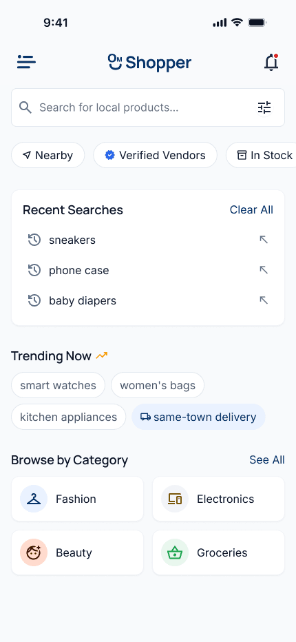 One Market Shopper search screen with recent searches and product categories