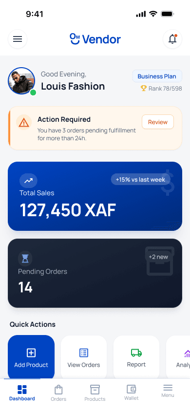 One Market Vendor dashboard with sales, pending orders, and quick actions