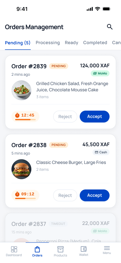 One Market Vendor orders management screen