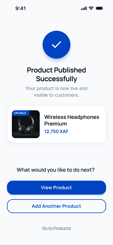 One Market Vendor product published confirmation screen